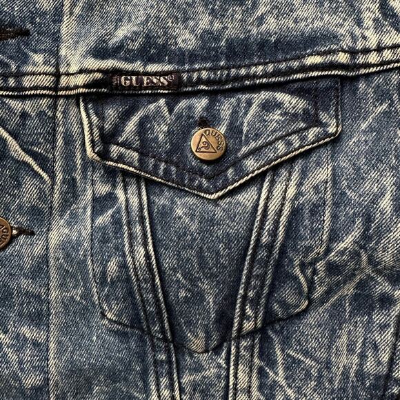 Guess VTG 80s 90s Crinkle Acid Wash Pleated Back Trucker Jean Jacket L - Picture 4 of 11